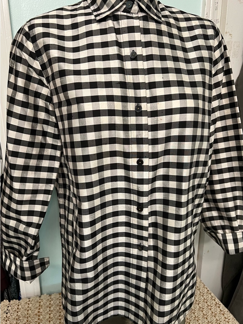 Saks Fifth Avenue Womens  Dupioni Silk check Long-Sleeve Shirt